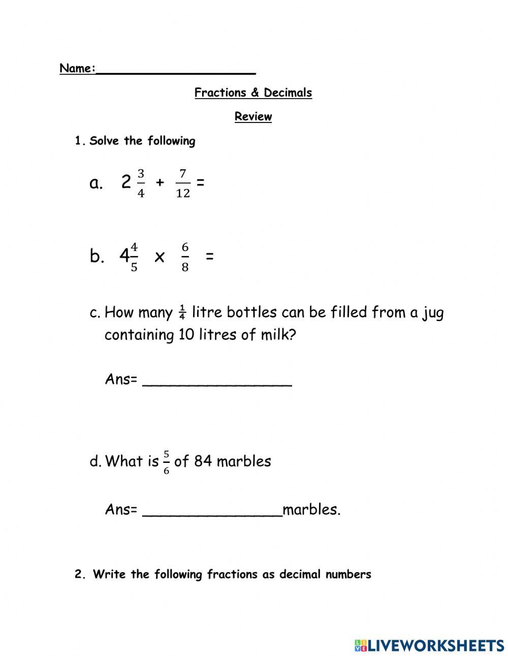 Decimal Fractions Review worksheet Live Worksheets