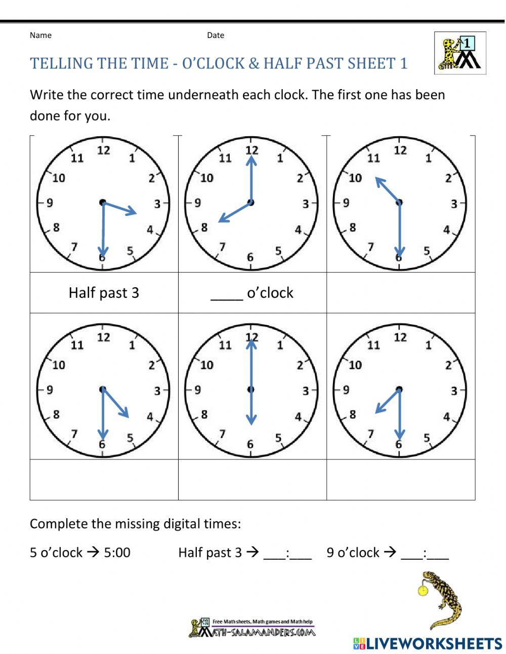 Telling Time O clock And Half Past Online Exercise For Live Worksheets Telling Time O clock And Half Past Online Exercise For Live Worksheets