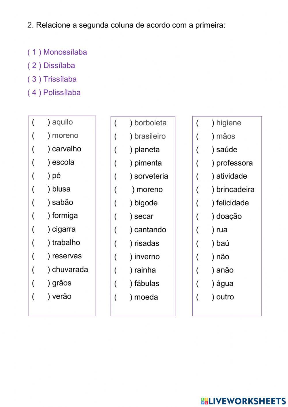 Classificação das Palavras de acordo com o Número de Sílabas