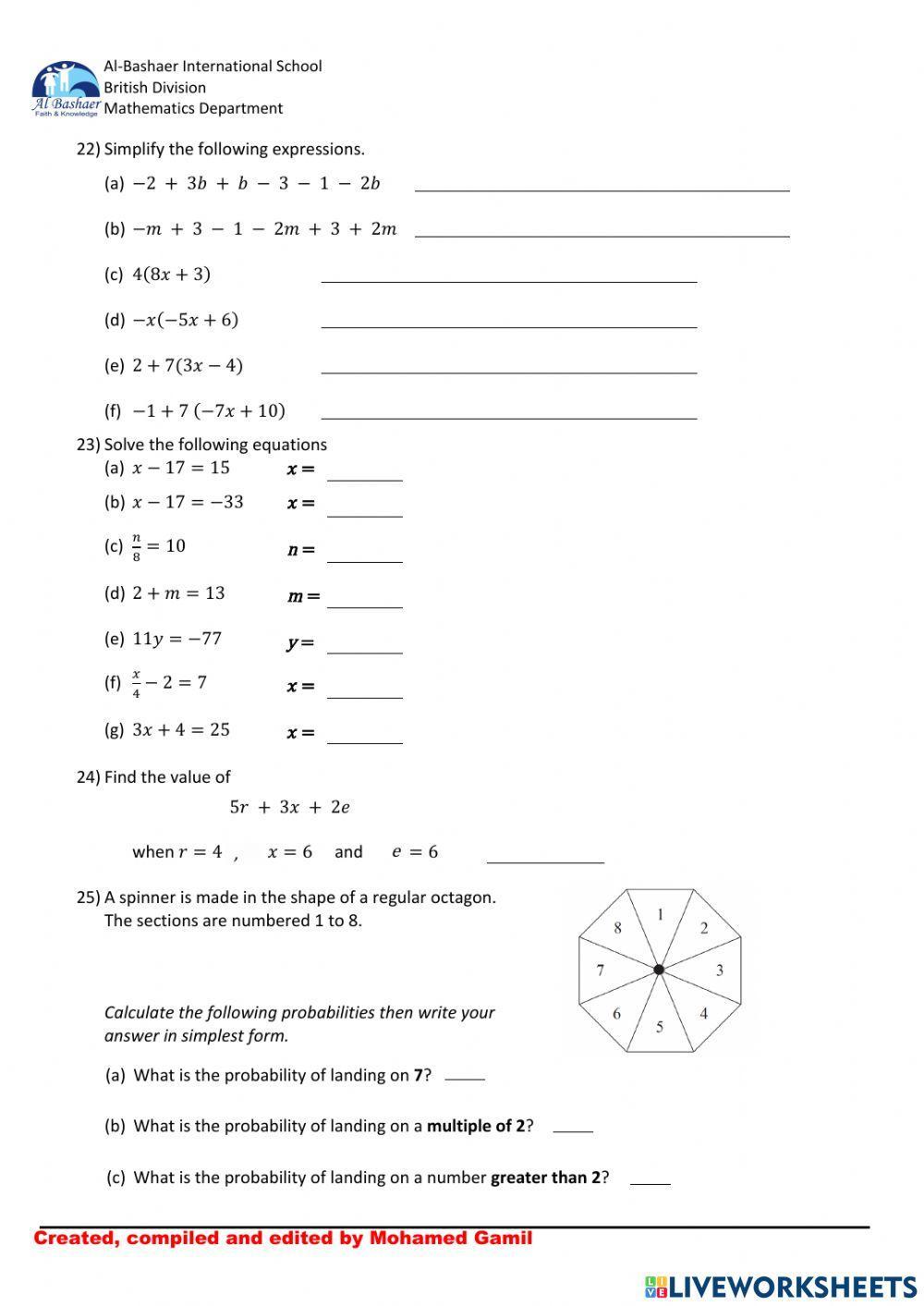 Year 7 Maths Revision (Trimester 2)