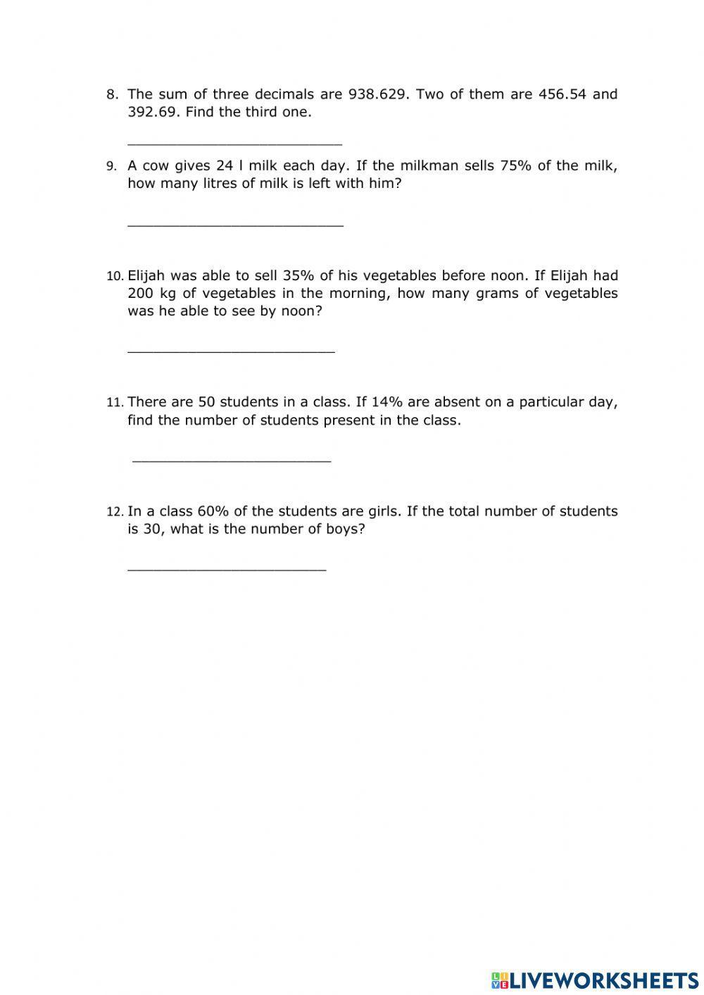 Fraction, decimal and percentage word problems