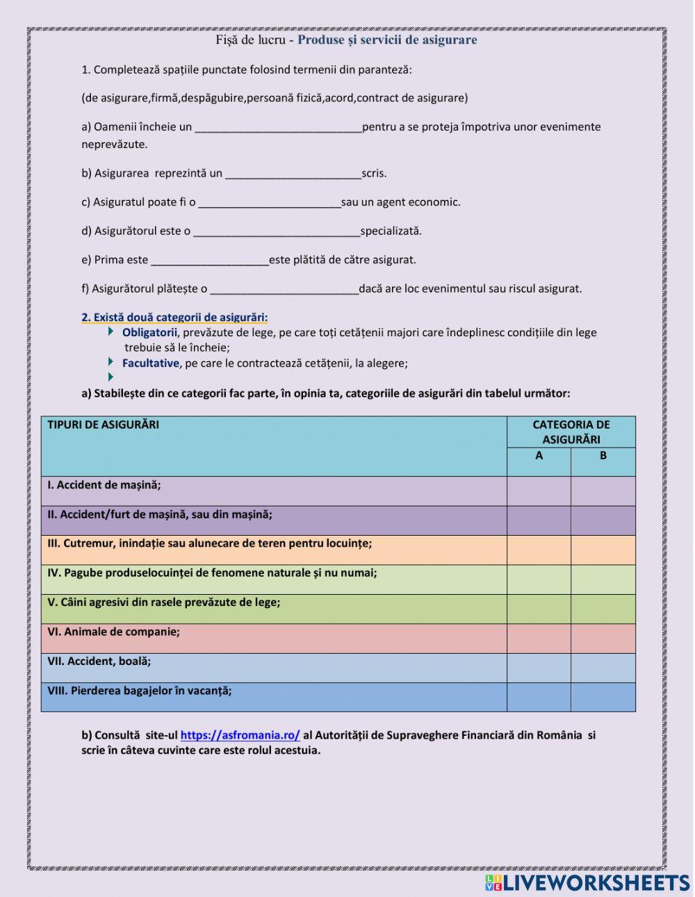 Fișă de lucru- Produse și servicii de asigurare