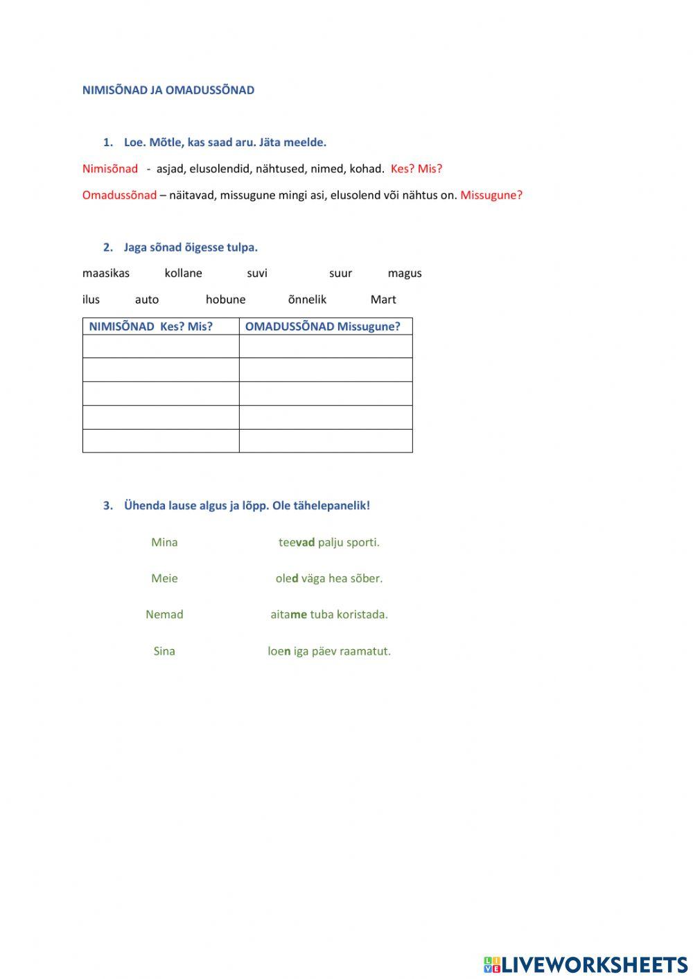 Nimisõnad ja omadussõnad. Pöördelõpud. 2. klass