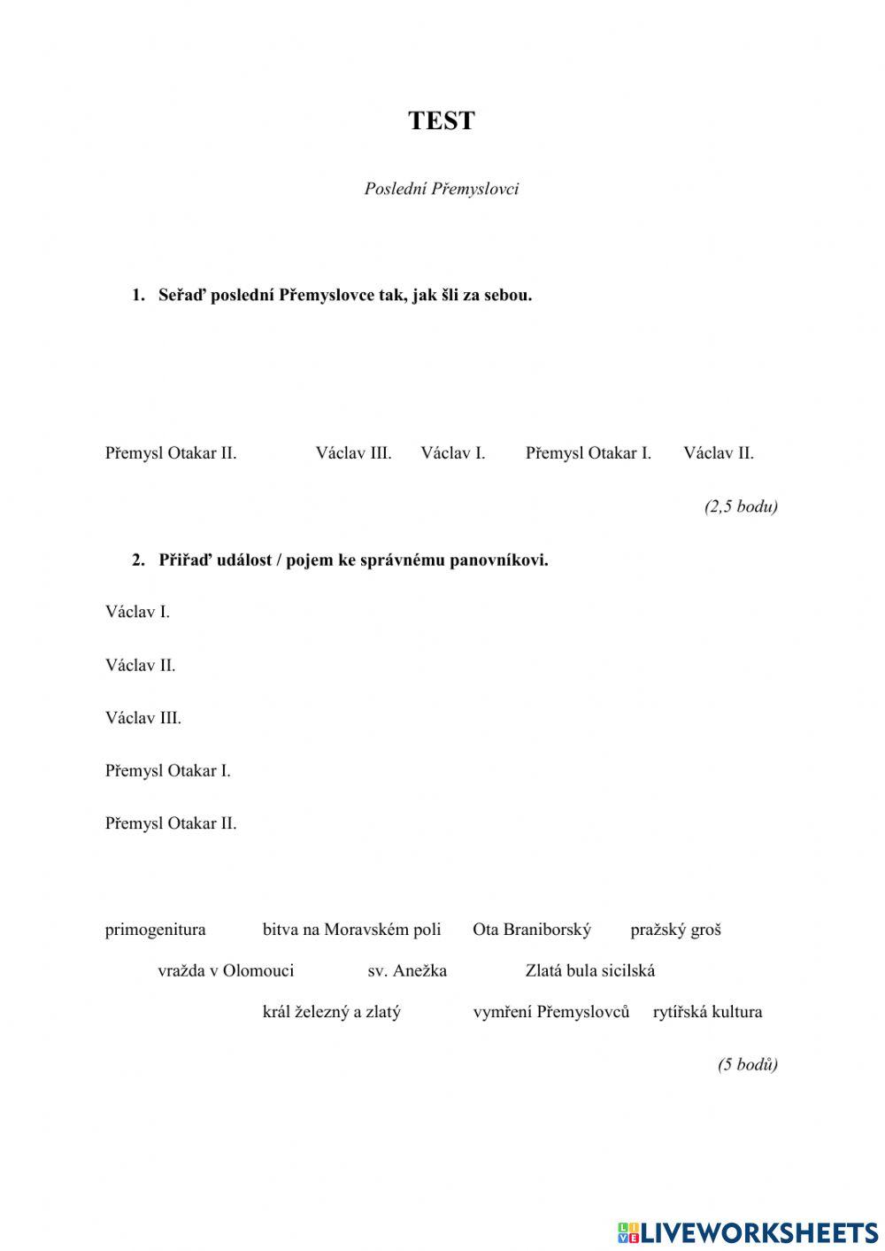 Test: Poslední Přemyslovci