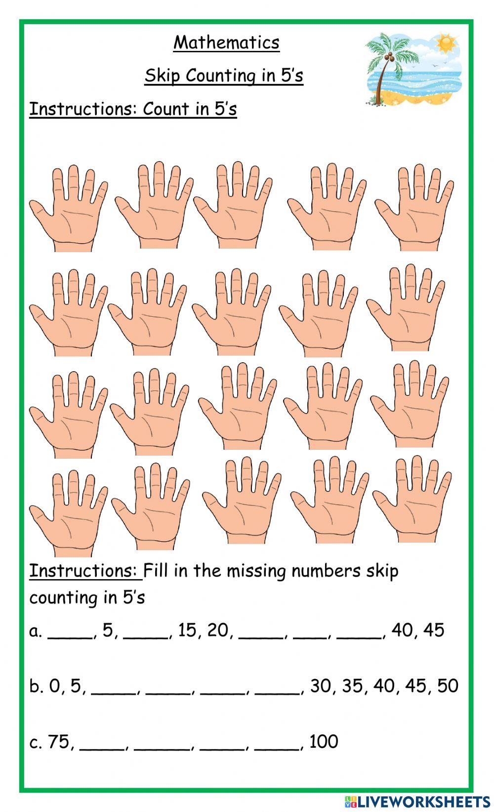 Skip counting in 5's hand tuesday homework worksheet