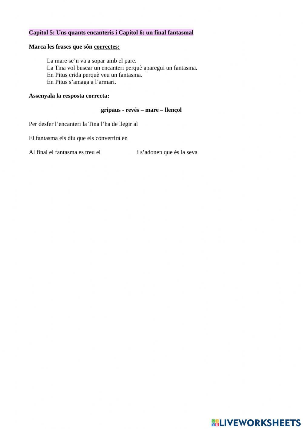 Comprensió lectora Tina superbruixa L'encanteri fantasma. Capítols 5 i 6