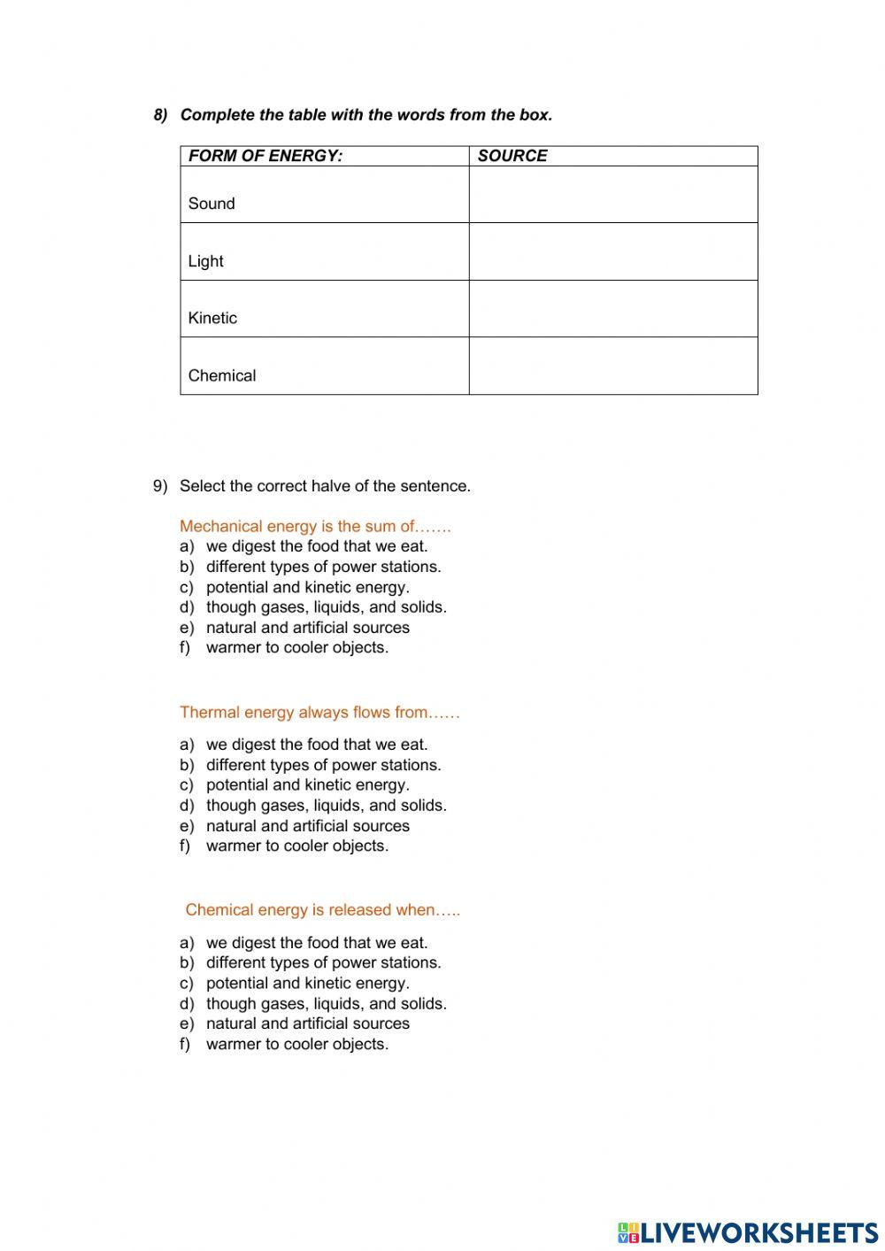 Natural science energy exam