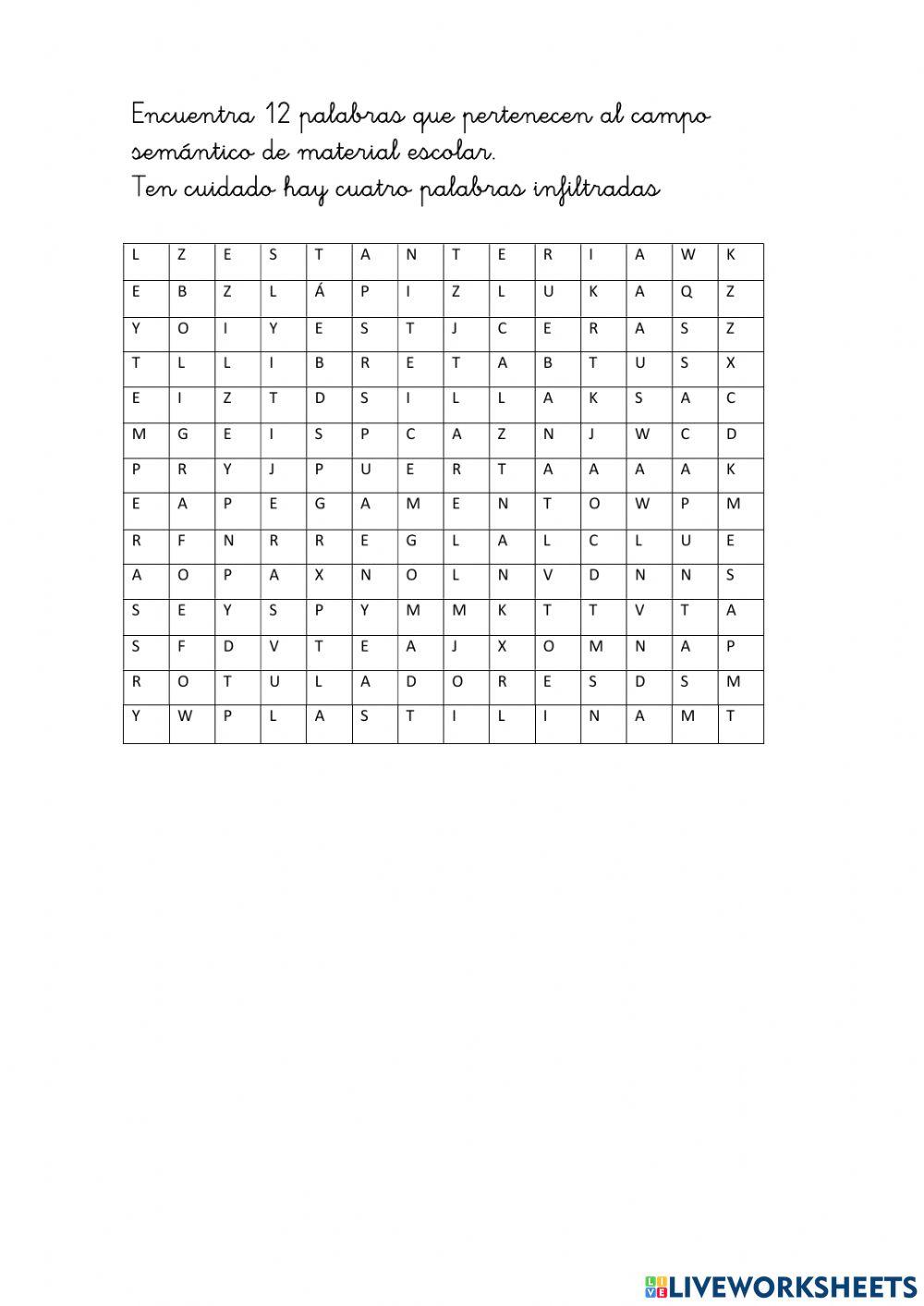 Sopa letras campo semántico material escolar