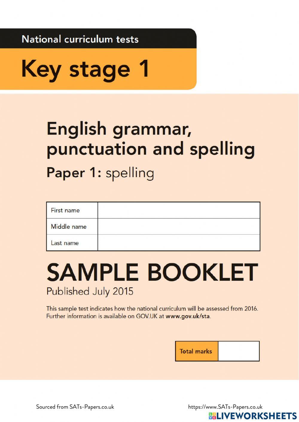 KS1 SATS 2016 SAMPLE Spelling Paper 1