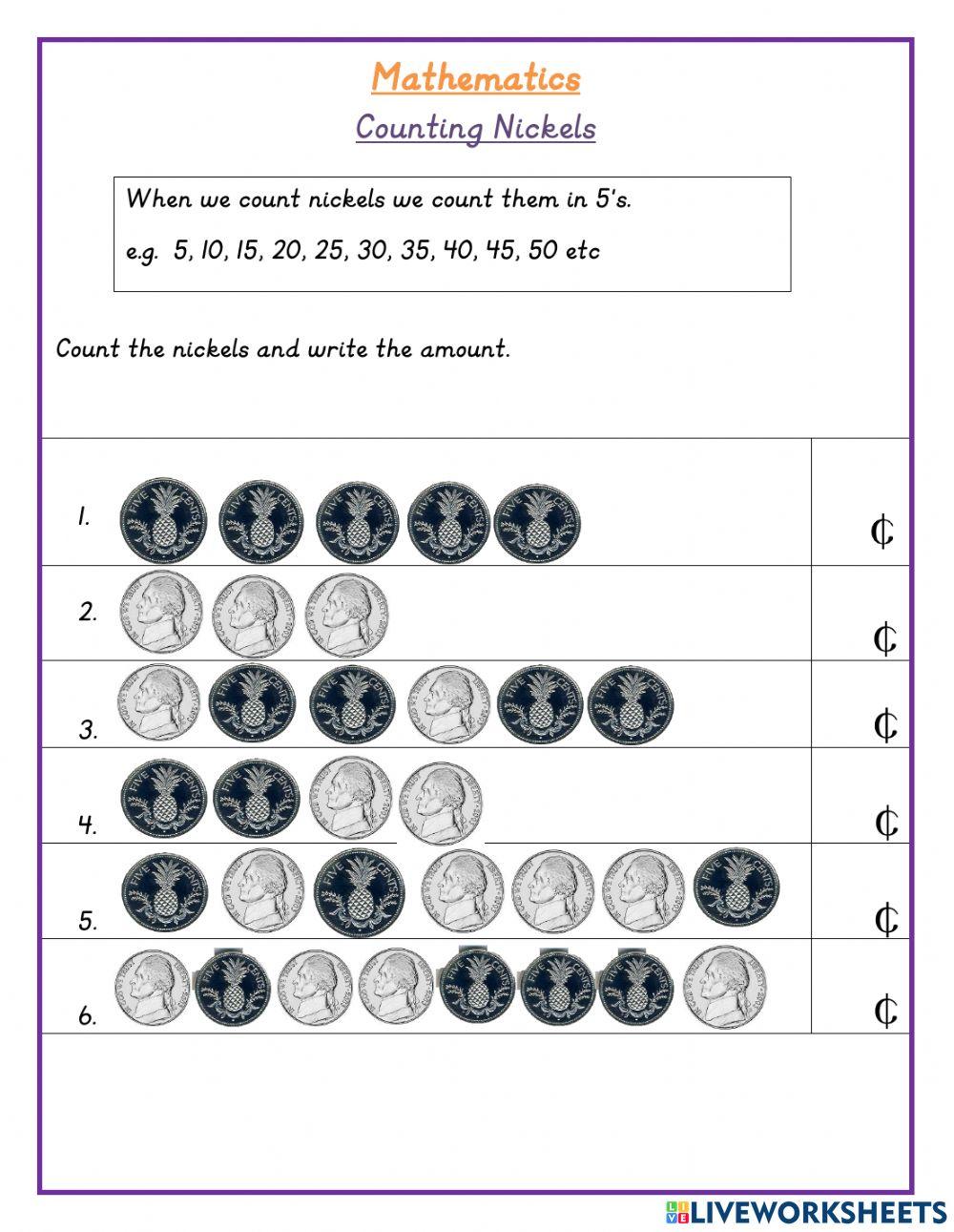 Counting Nickels Inclass worksheet Live Worksheets