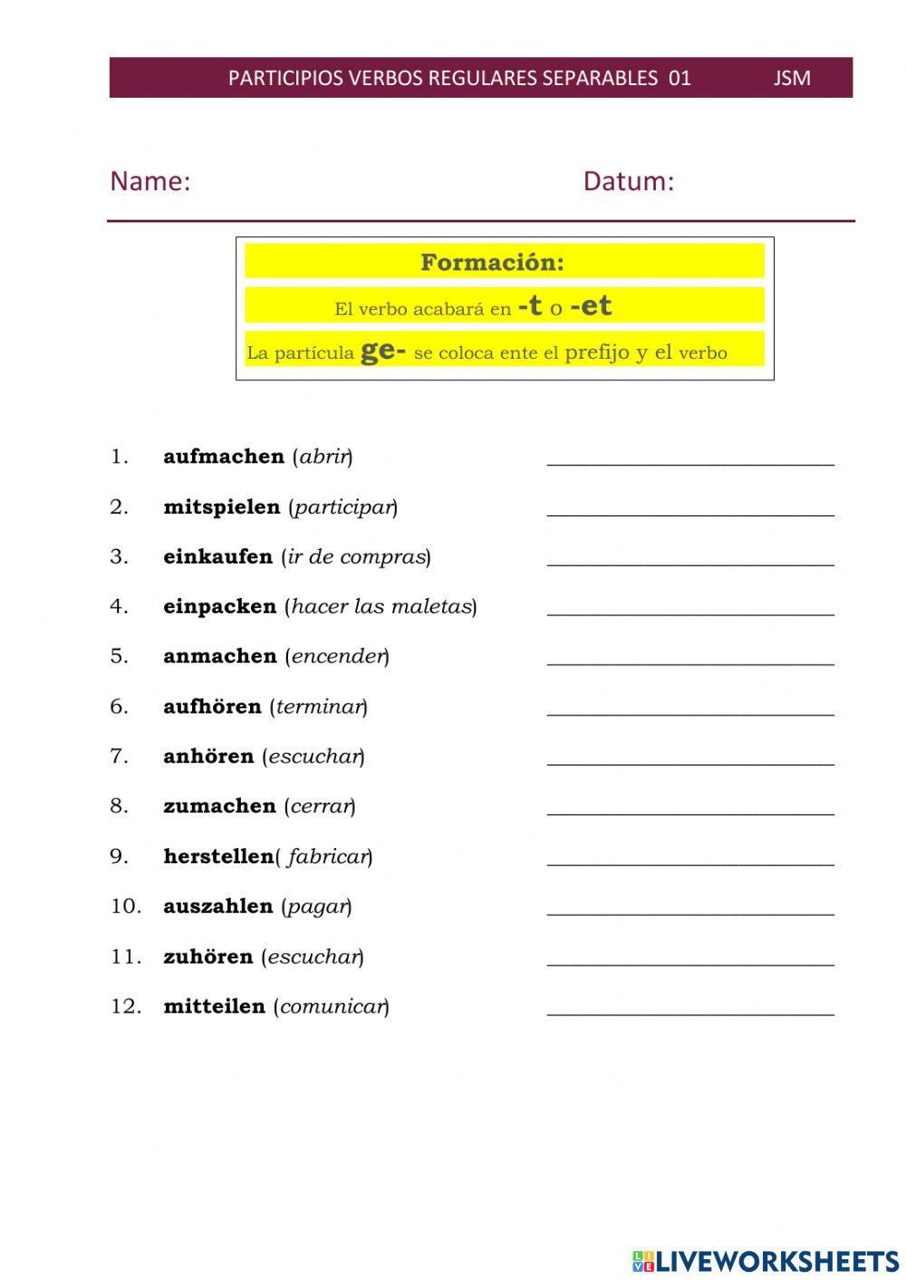 Participios verbos separables regulares 01