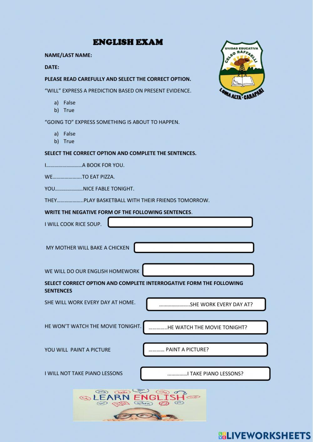 Evaluación de inglés 6° de secundaria