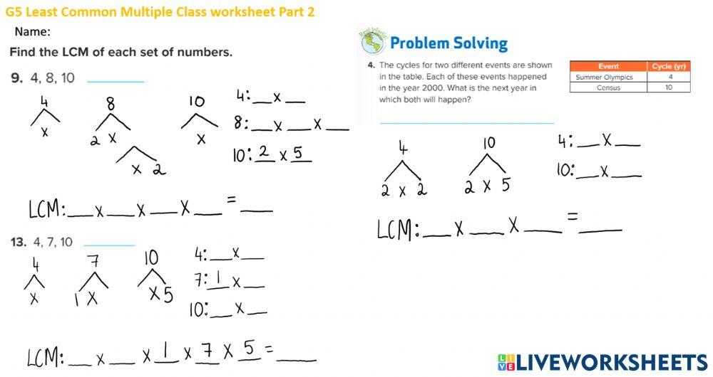 G5 Least Common Multiple Class worksheet Part 2
