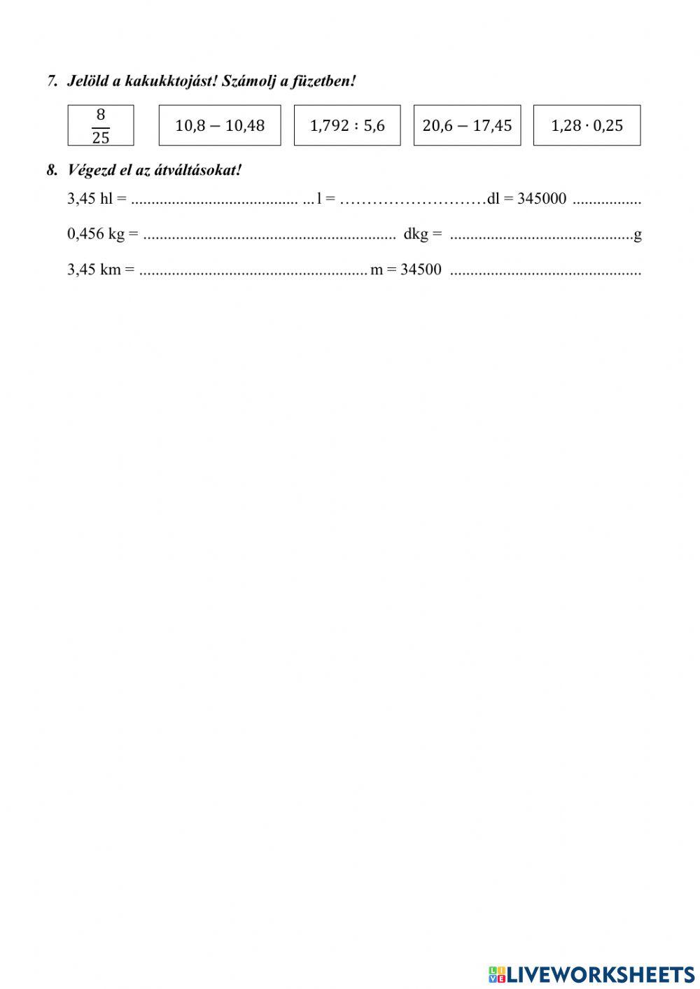 Műveletek tizedestörtekkel