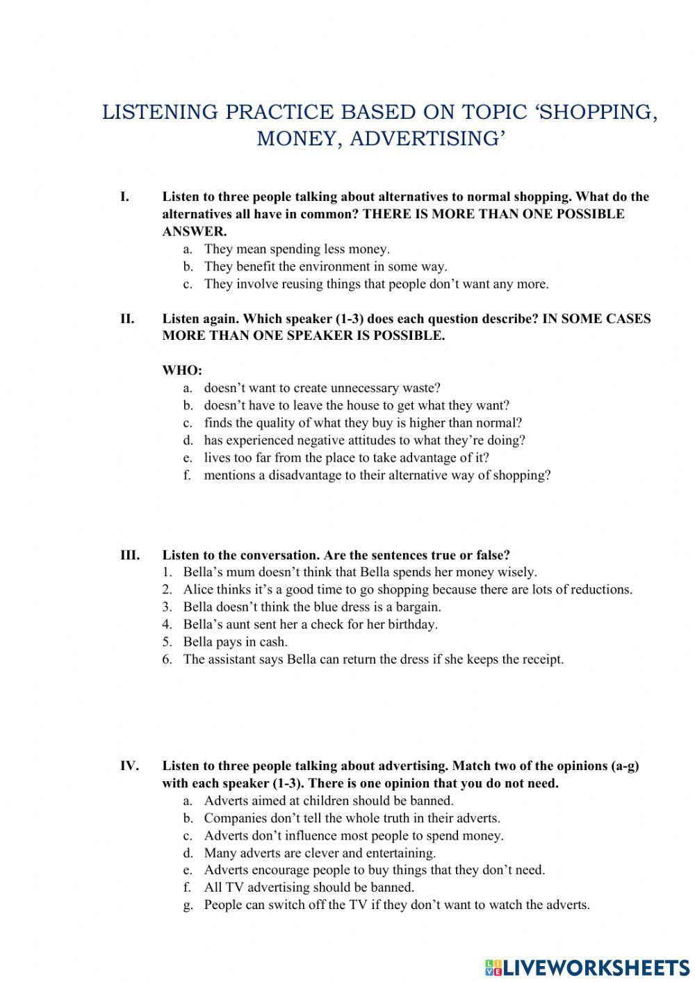 Listening -Money,shopping, advertising-