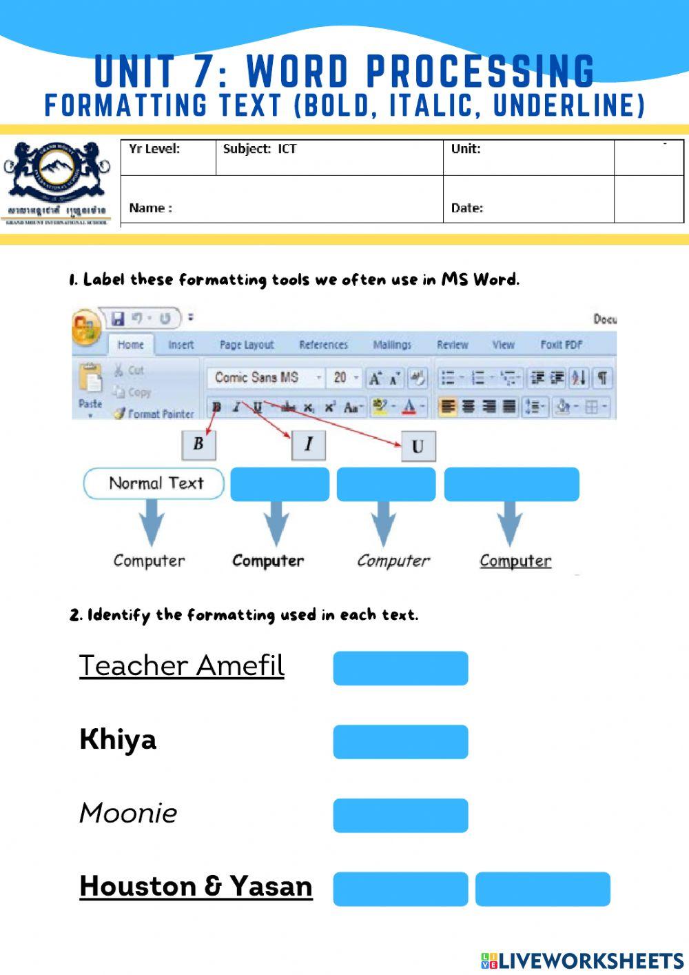 Formatting Text in MS Word interactive worksheet | Live Worksheets