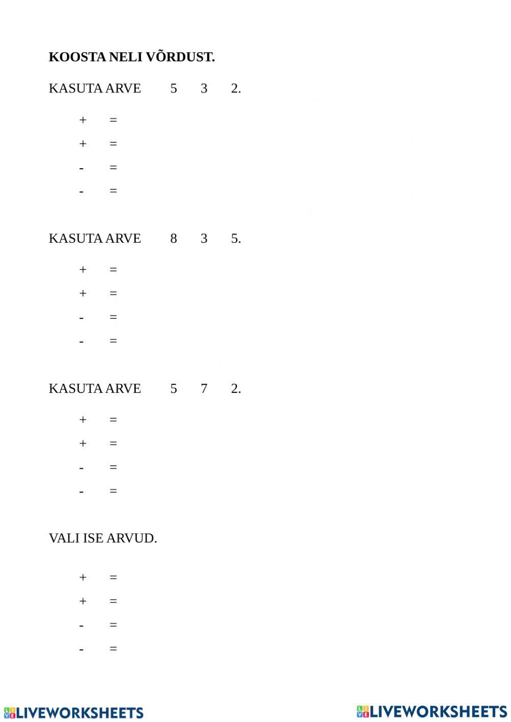 Nelja võrduse koostamine vastustega