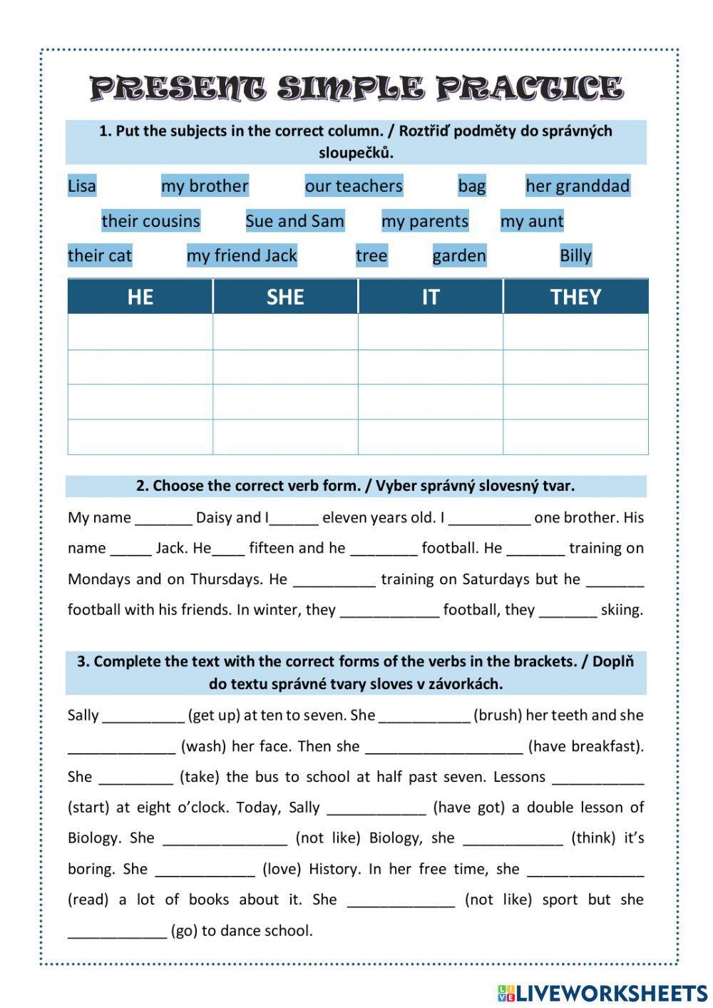 Present simple practice interactive exercise for A1 Live Worksheets