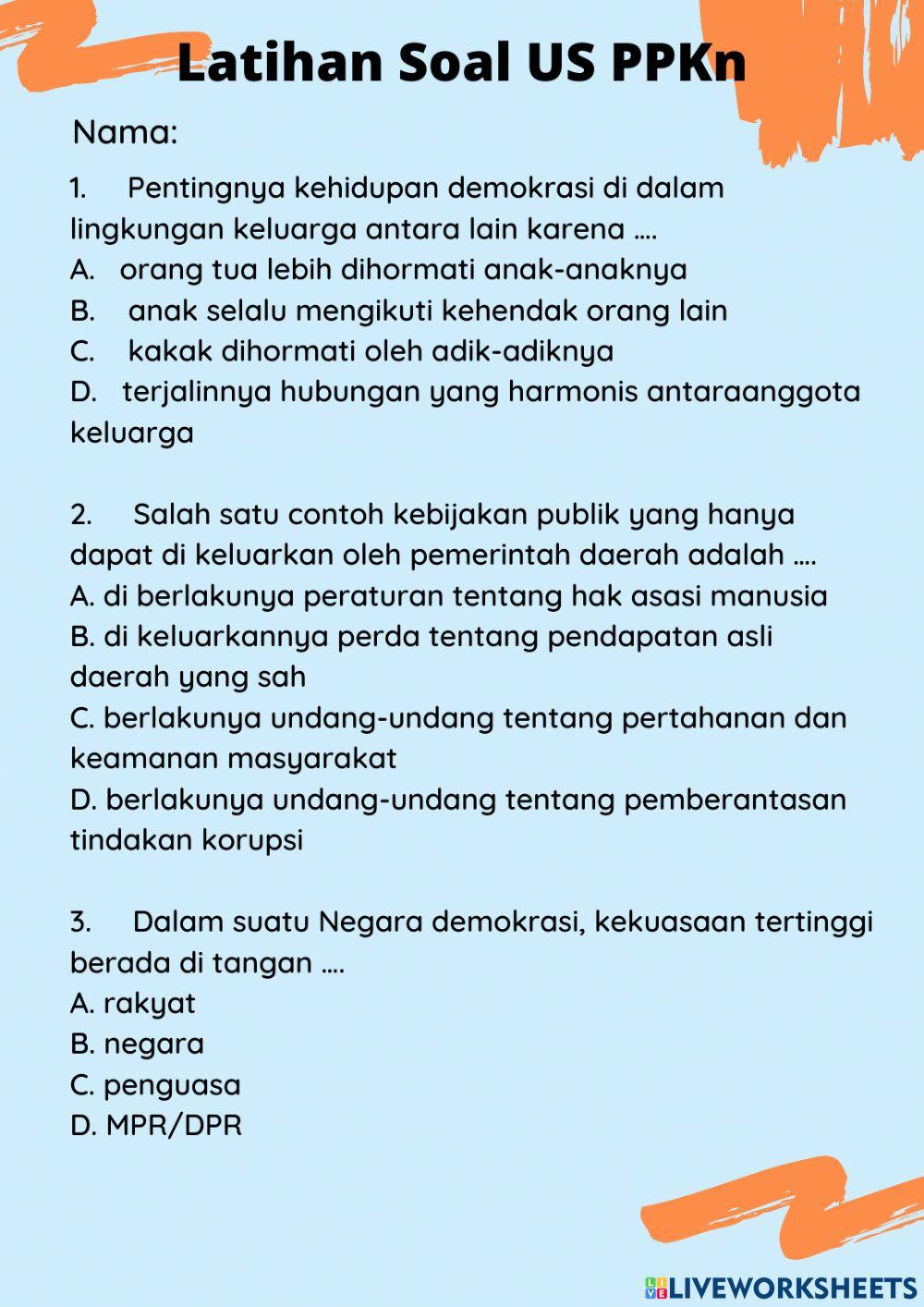 Latihan Soal 3 US PPKn (Kelas 9 B)