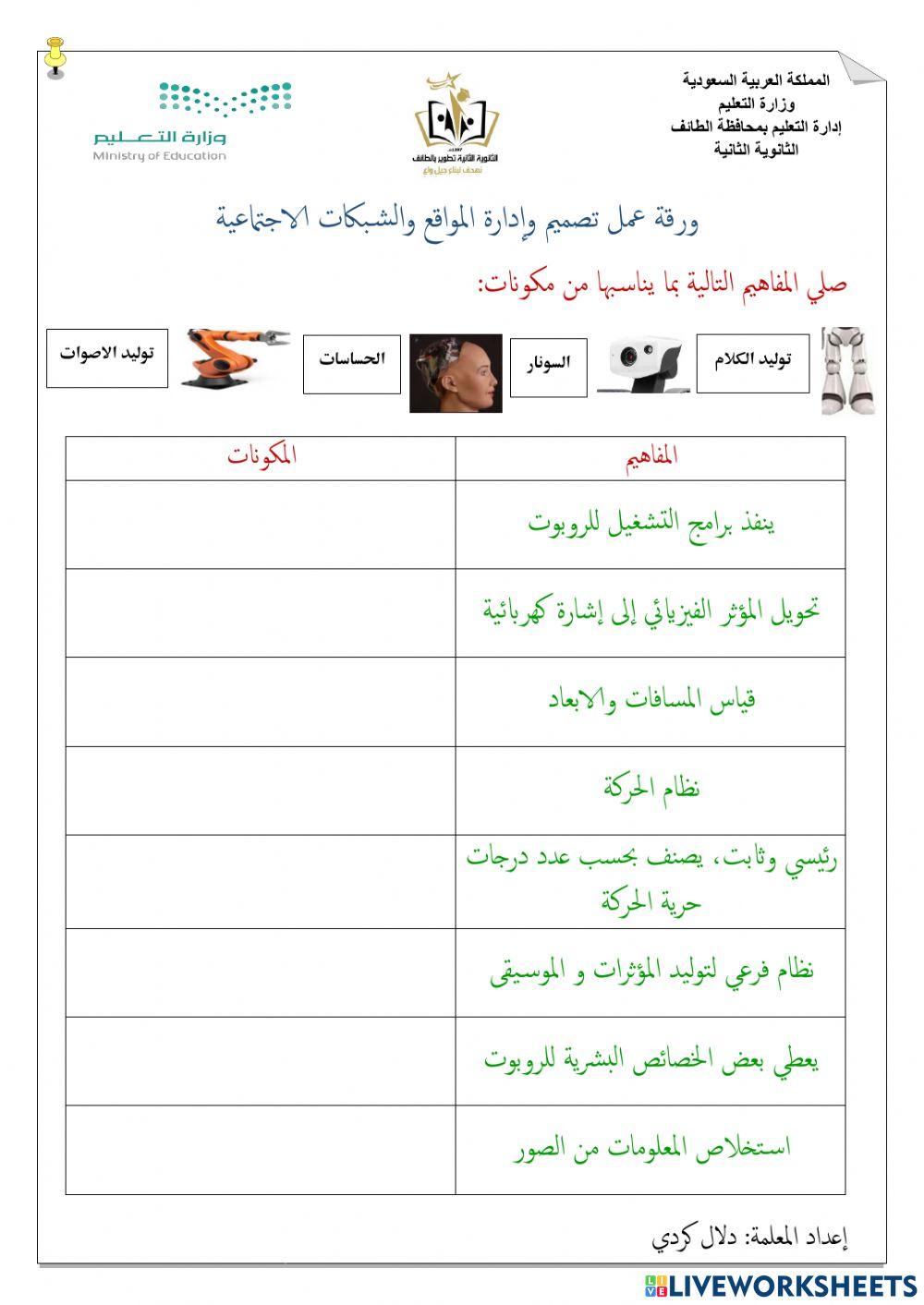 ورقة عمل مكونات الروبوت