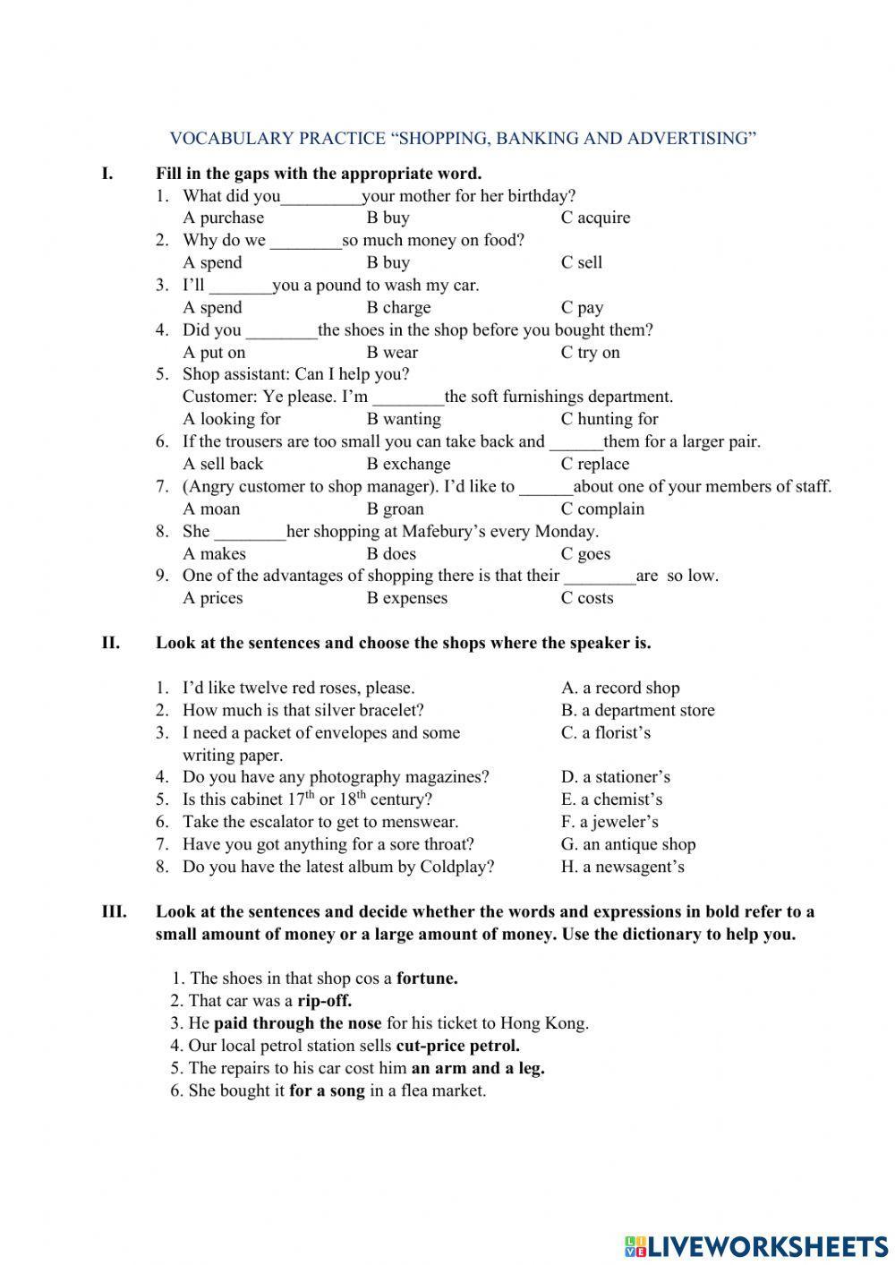 Vocabulary -Shopping,banking, advertising-