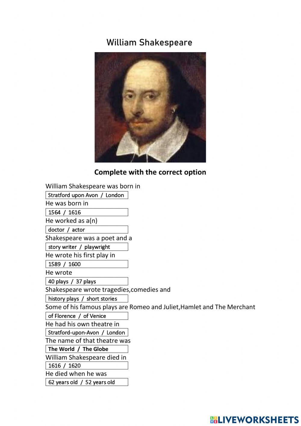 Read the text about W.Shakespeare in the 5th Grade Pupil's Book -page 86 and choose the correct option-What do you know about W.Shakespeare?