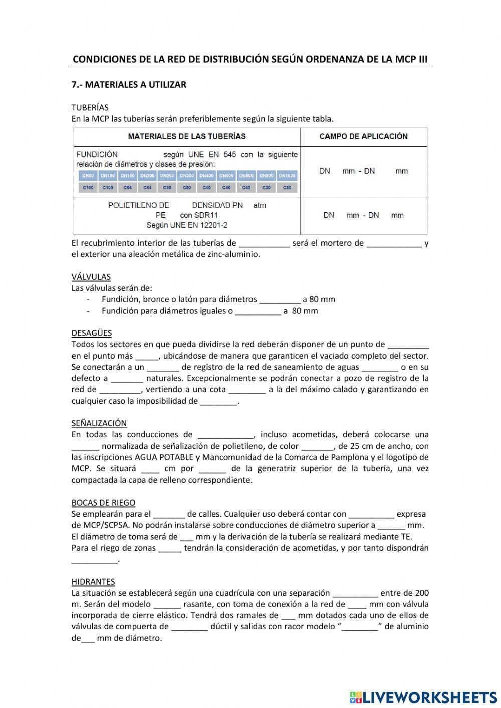 Condiciones de la red de distribución según ordenanza de la MCP 3ª parte