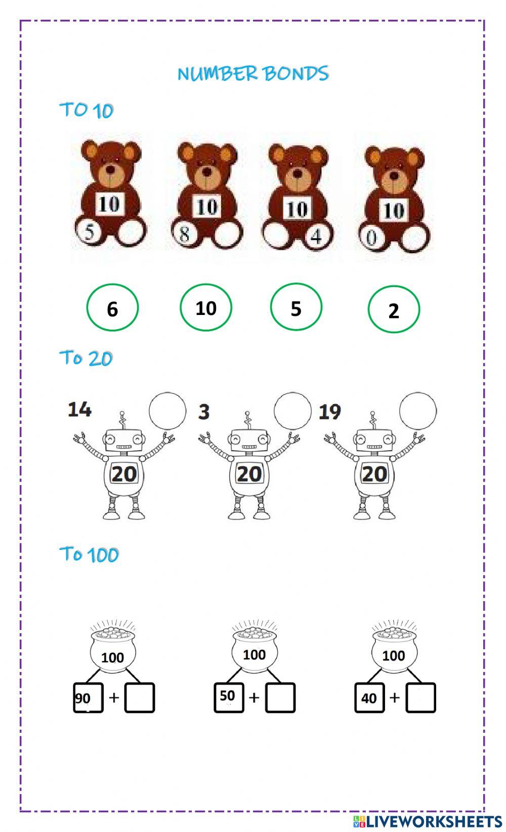 number bonds to 10, 20 and 100