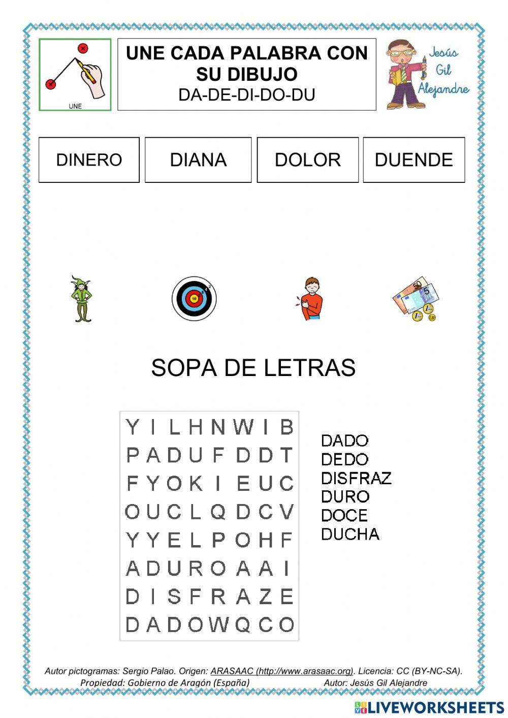 Lee y une y sopa de letras palabras con d