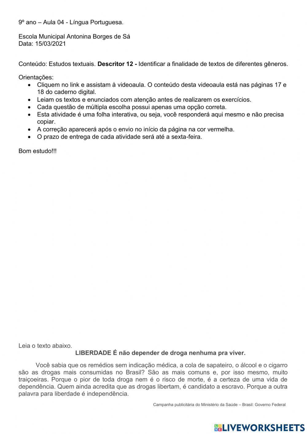 9 ano - Identificar gêneros textuais