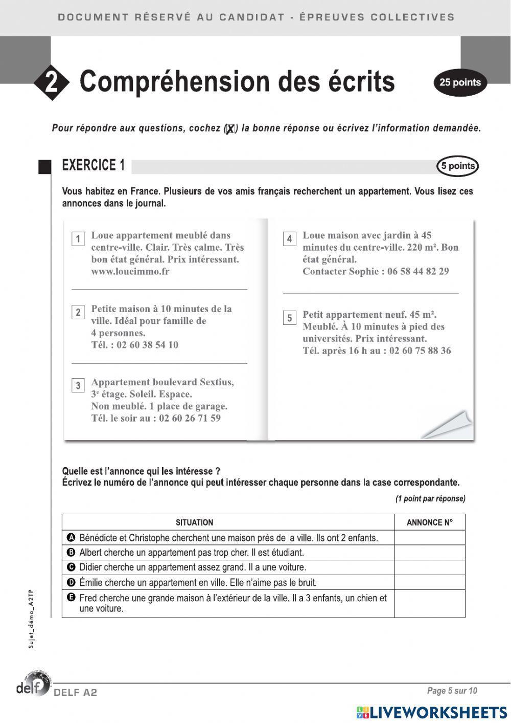 Compréhension écrite delf A2 sujet 2