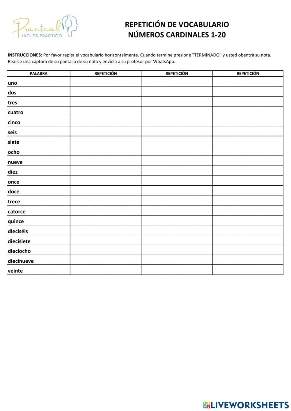 Repetición de vocabulario - números cardinales 1-20