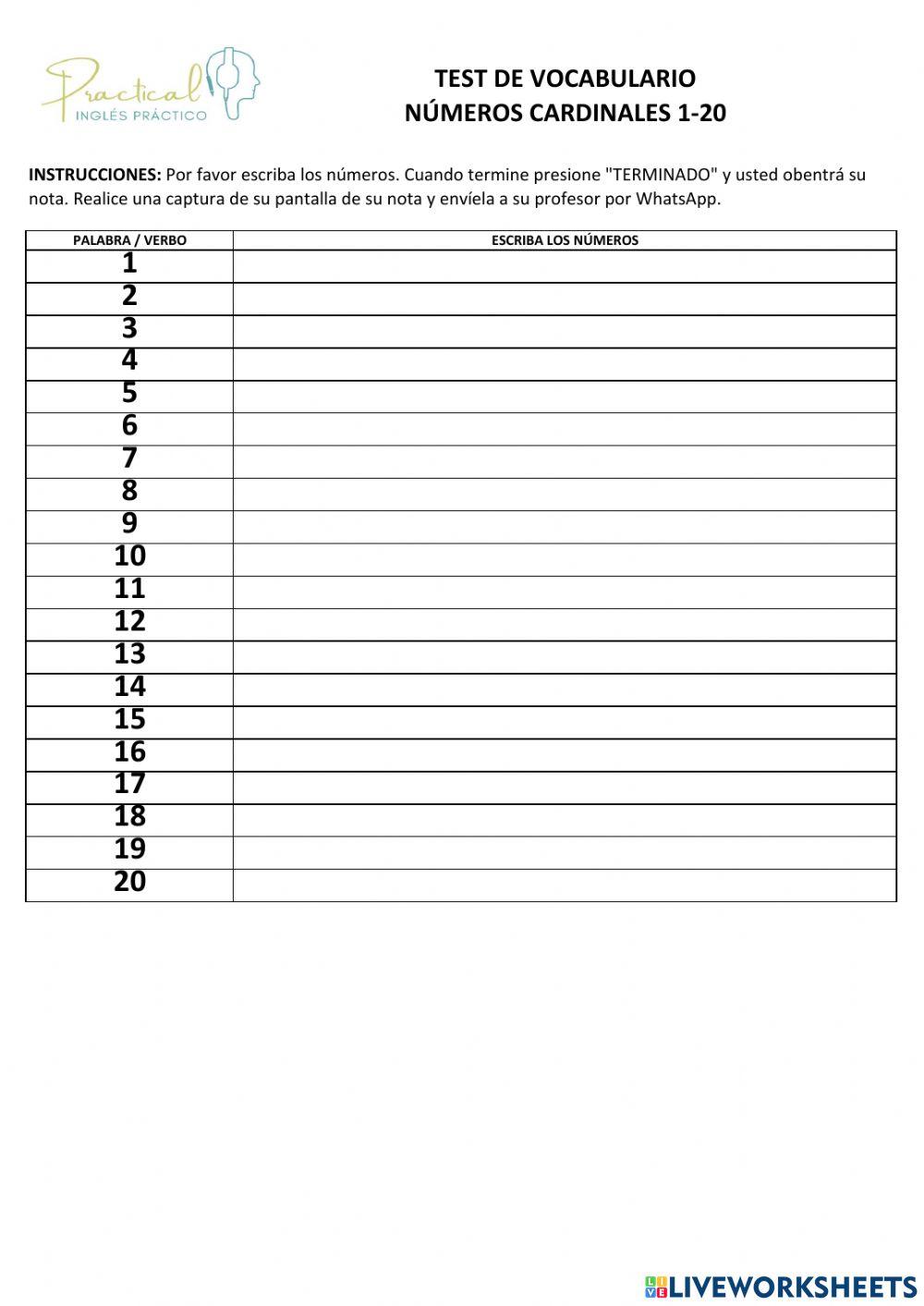 Test de vocabulario - números cardinales 1-20