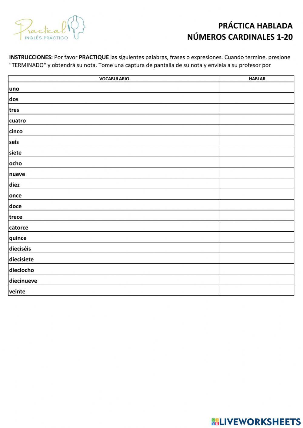 Práctica hablada - números cardinales 1-20
