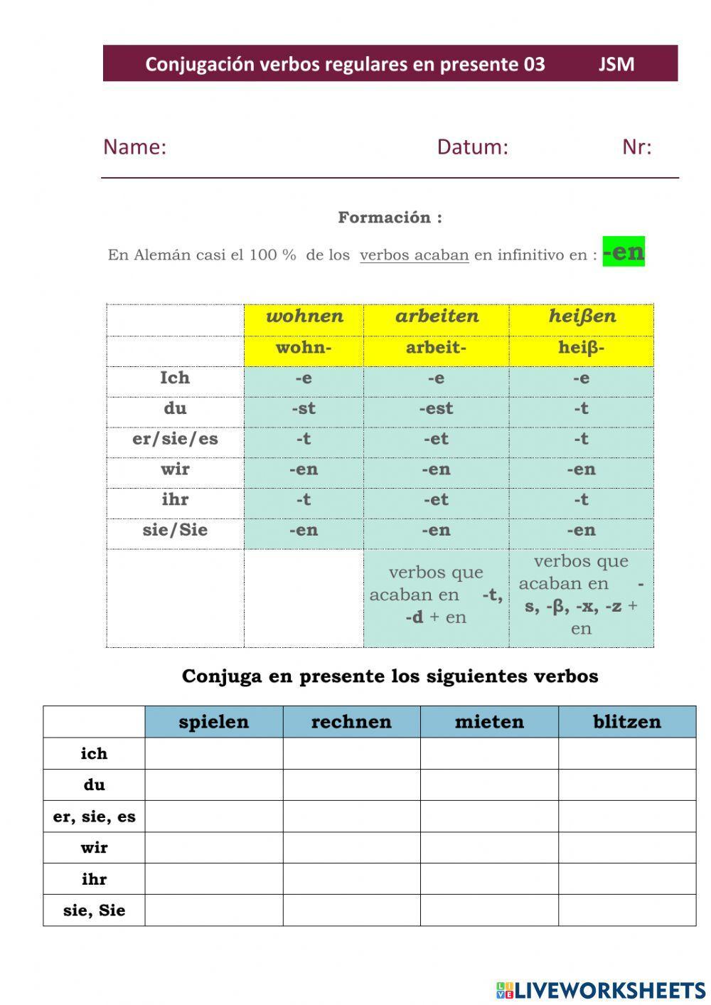 Conjugación verbos regulares en Presente 03
