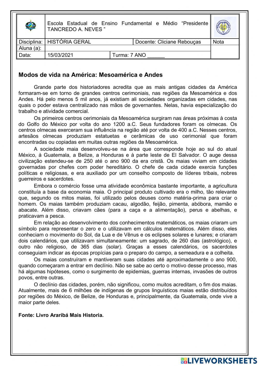 Revisão Modos de vida na América: Mesoamérica e Andes