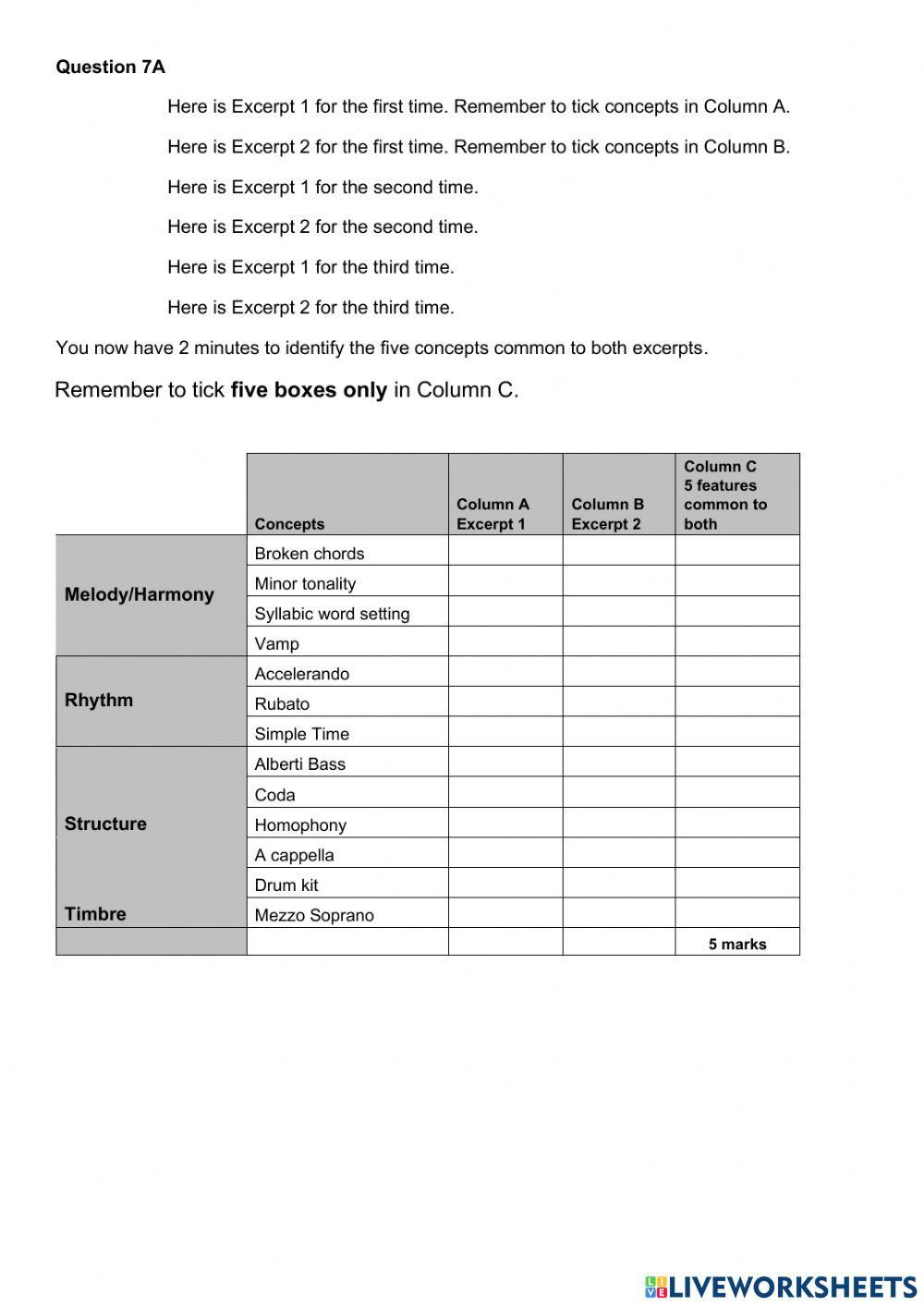 Higher Music UM Practise Question 7A