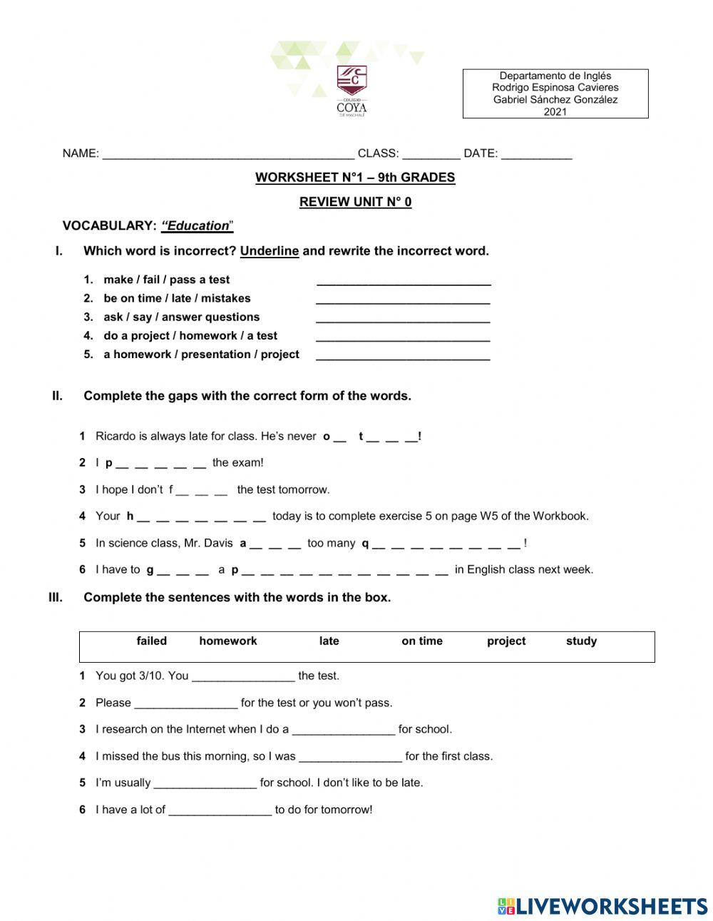 WORKSHEET N°1- VOC. 8TH GRADES 2021