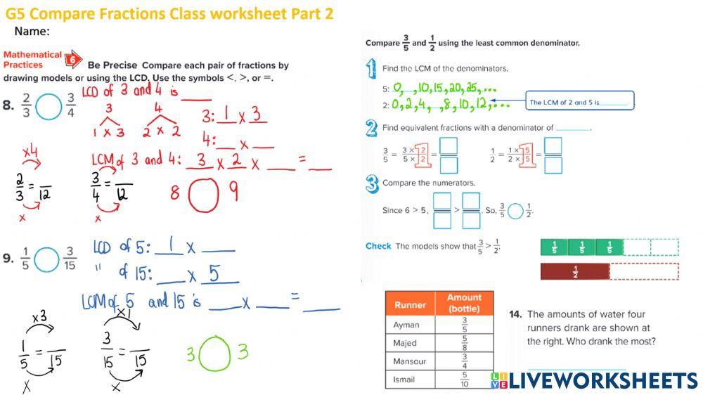 G5 Compare Fractions Class worksheet Part 2