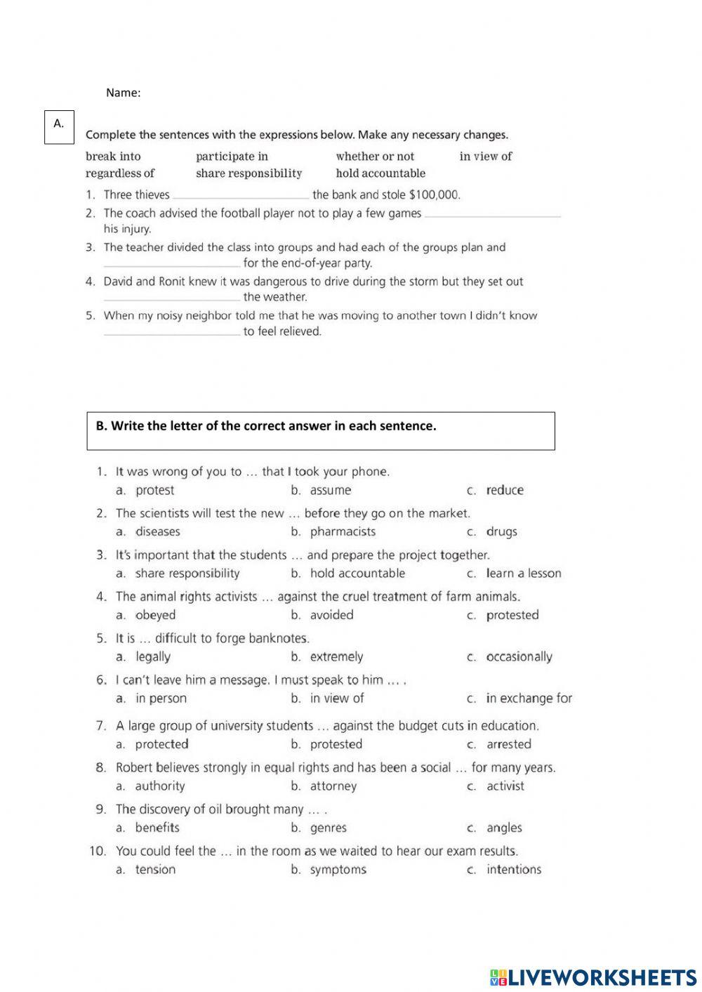 TAKE A STAND- UNIT 3 VOCABULARY PRACTICE