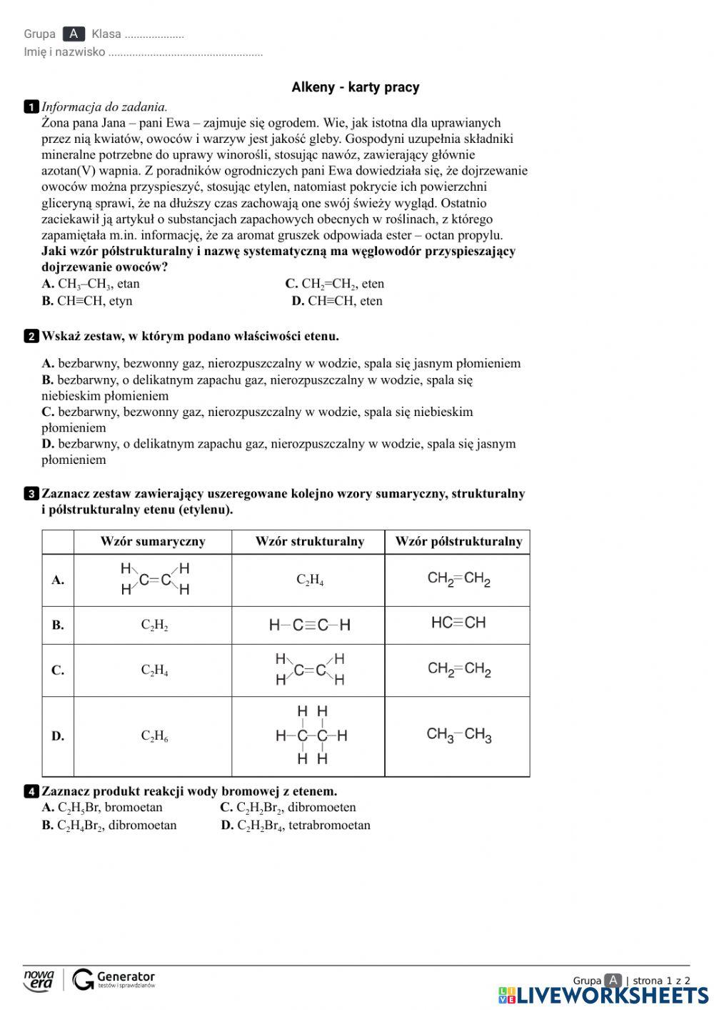 Chemia - alkeny - karty pracy