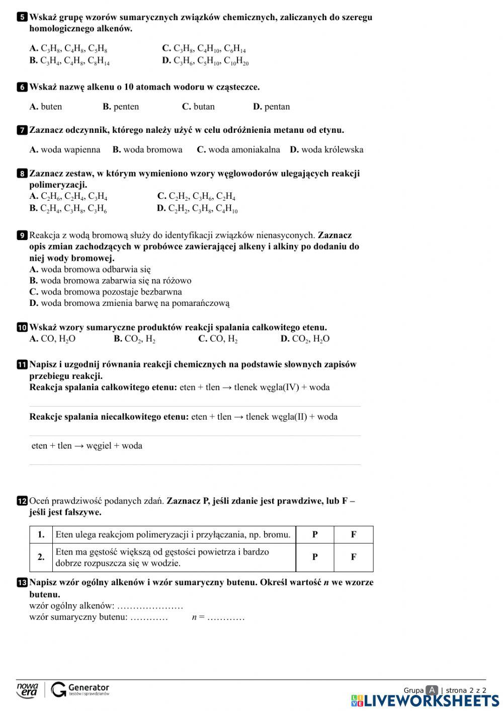 Chemia - alkeny - karty pracy