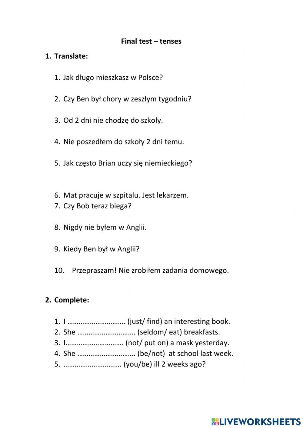 K7 final  test tenses