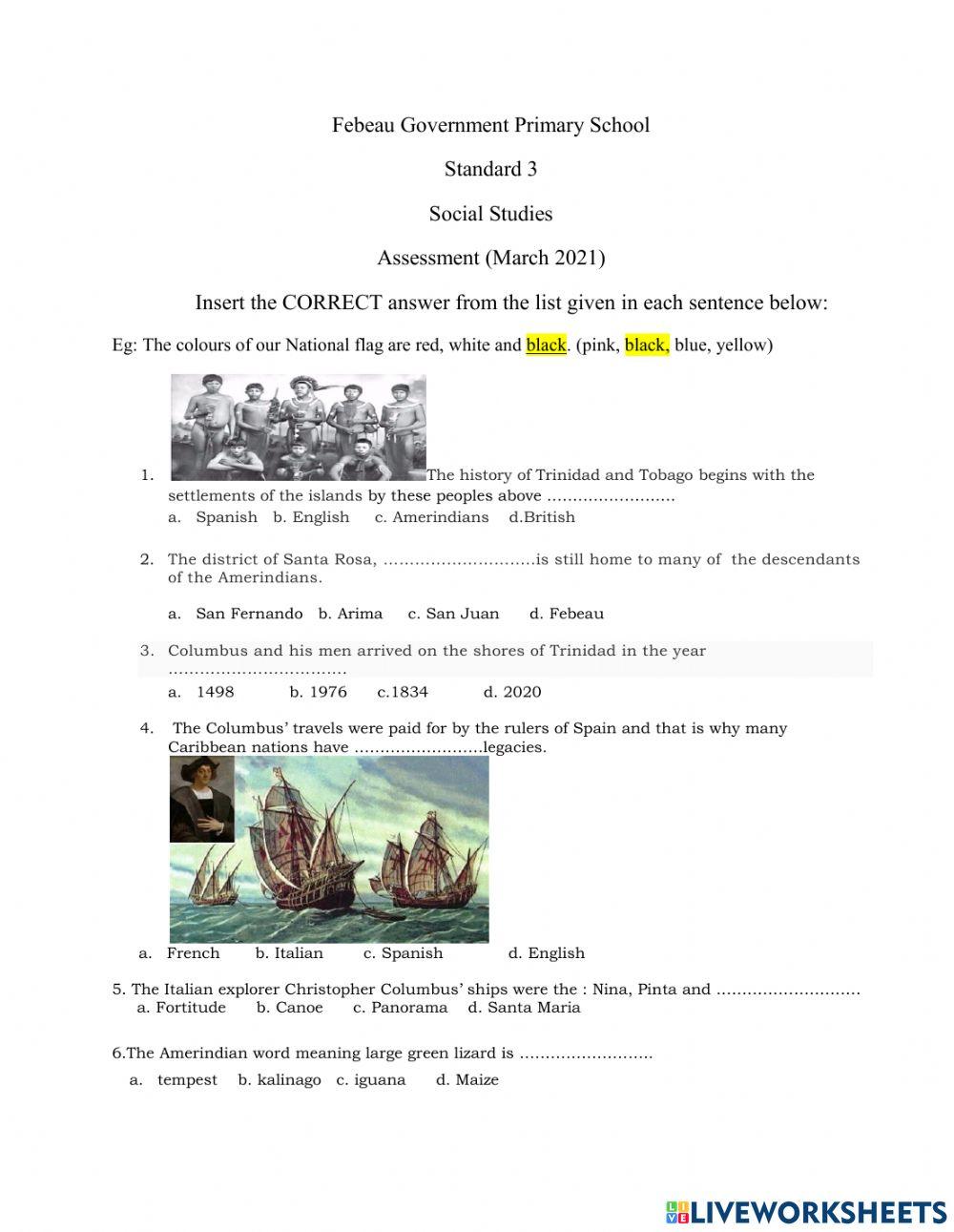 Social Studies Assessment Live Worksheets