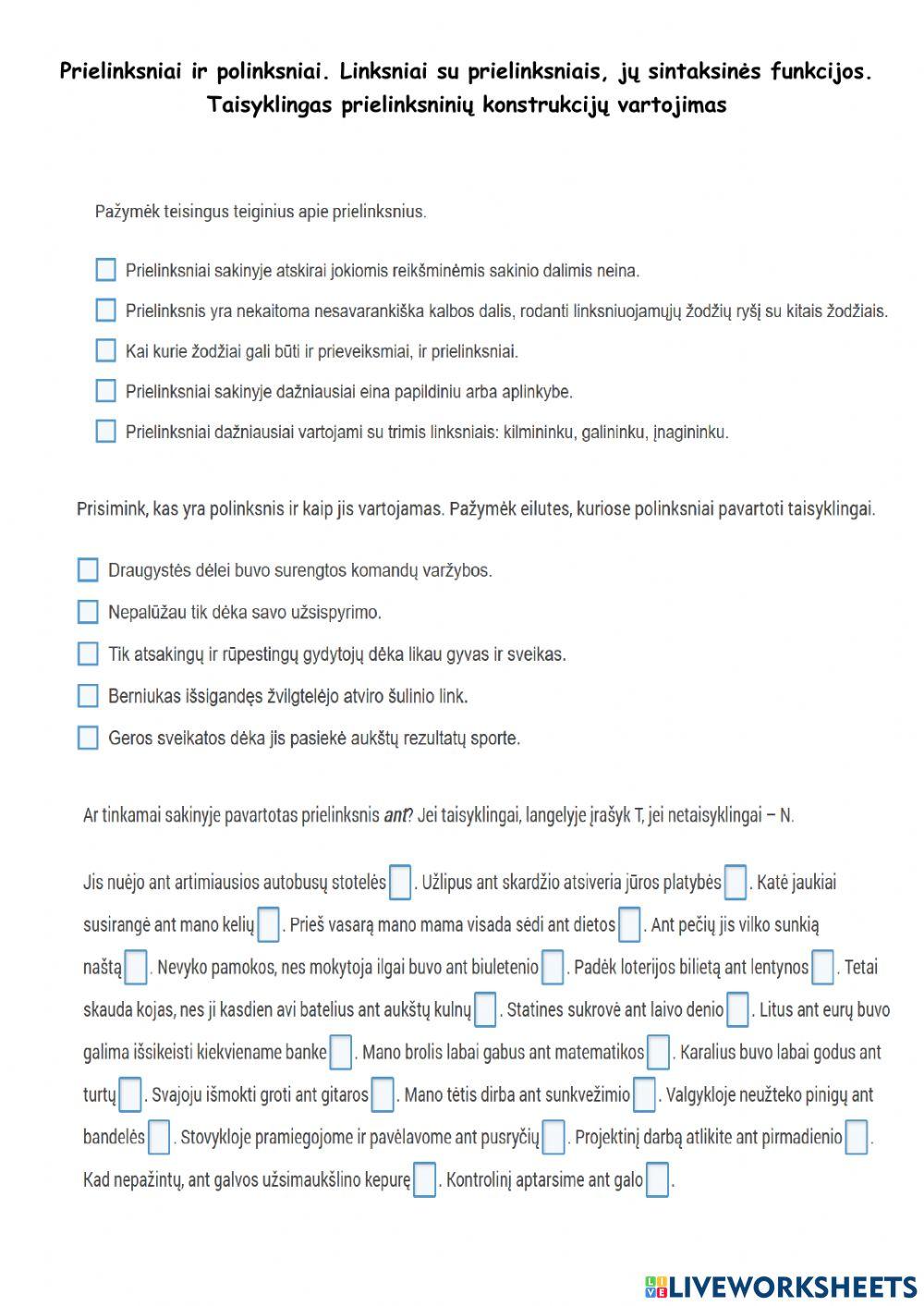 Prielinksniai ir polinksniai. Linksniai su prielinksniais, jų sintaksinės funkcijos. Taisyklingas prielinksninių konstrukcijų vartojimas.