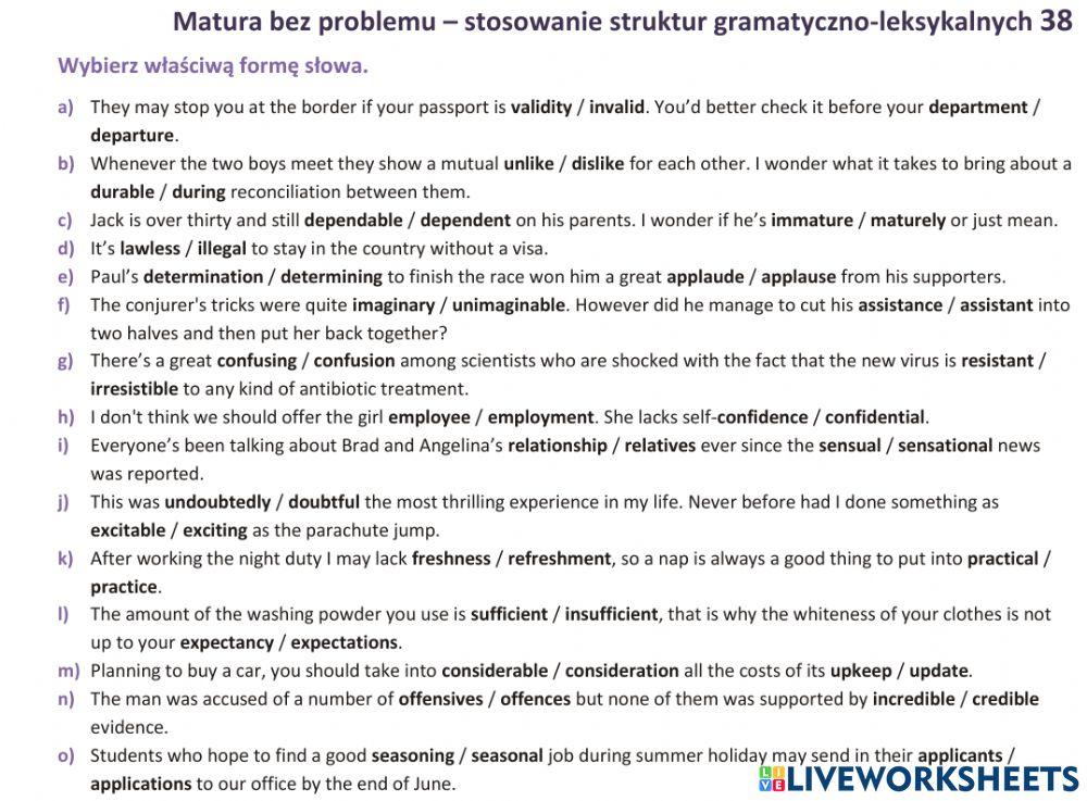 Matura - zadanie gramatyczno-leksykalne 38