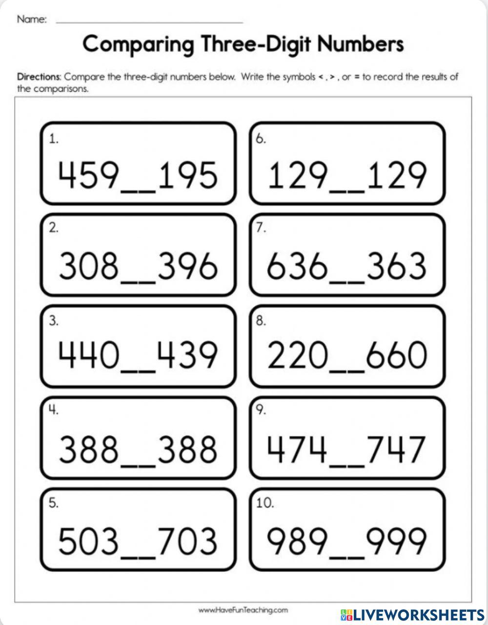 Compare 3 Digit Numbers Online Exercise For Live Worksheets Compare 3 Digit Numbers Online Exercise For Live Worksheets