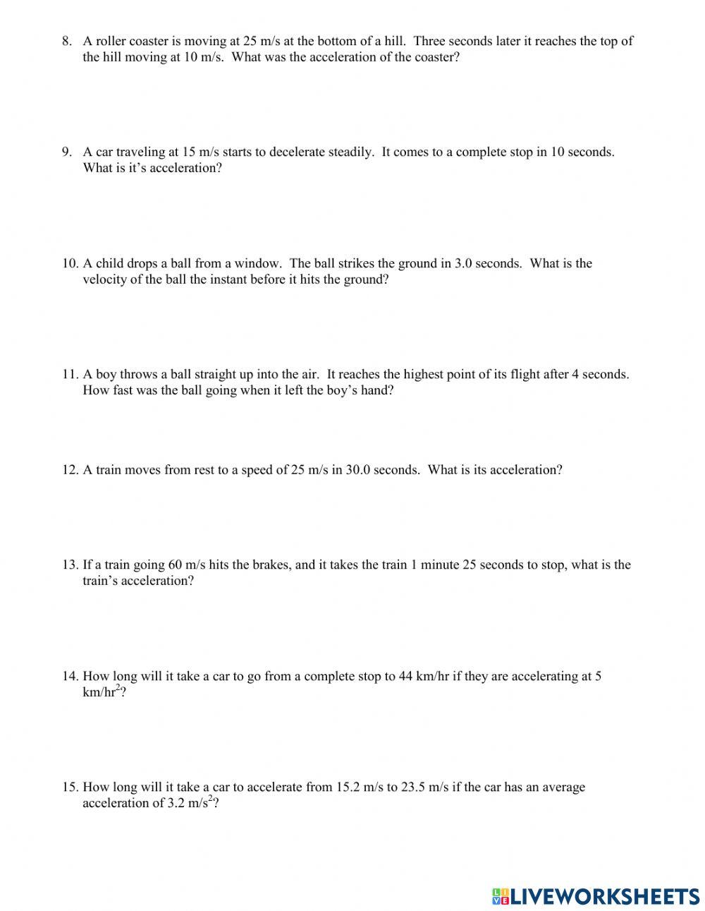 Speed, Velocity, and Acceleration Problems