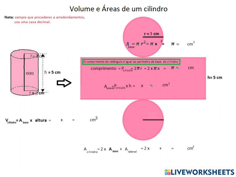 Áreas e volume de um cilindro