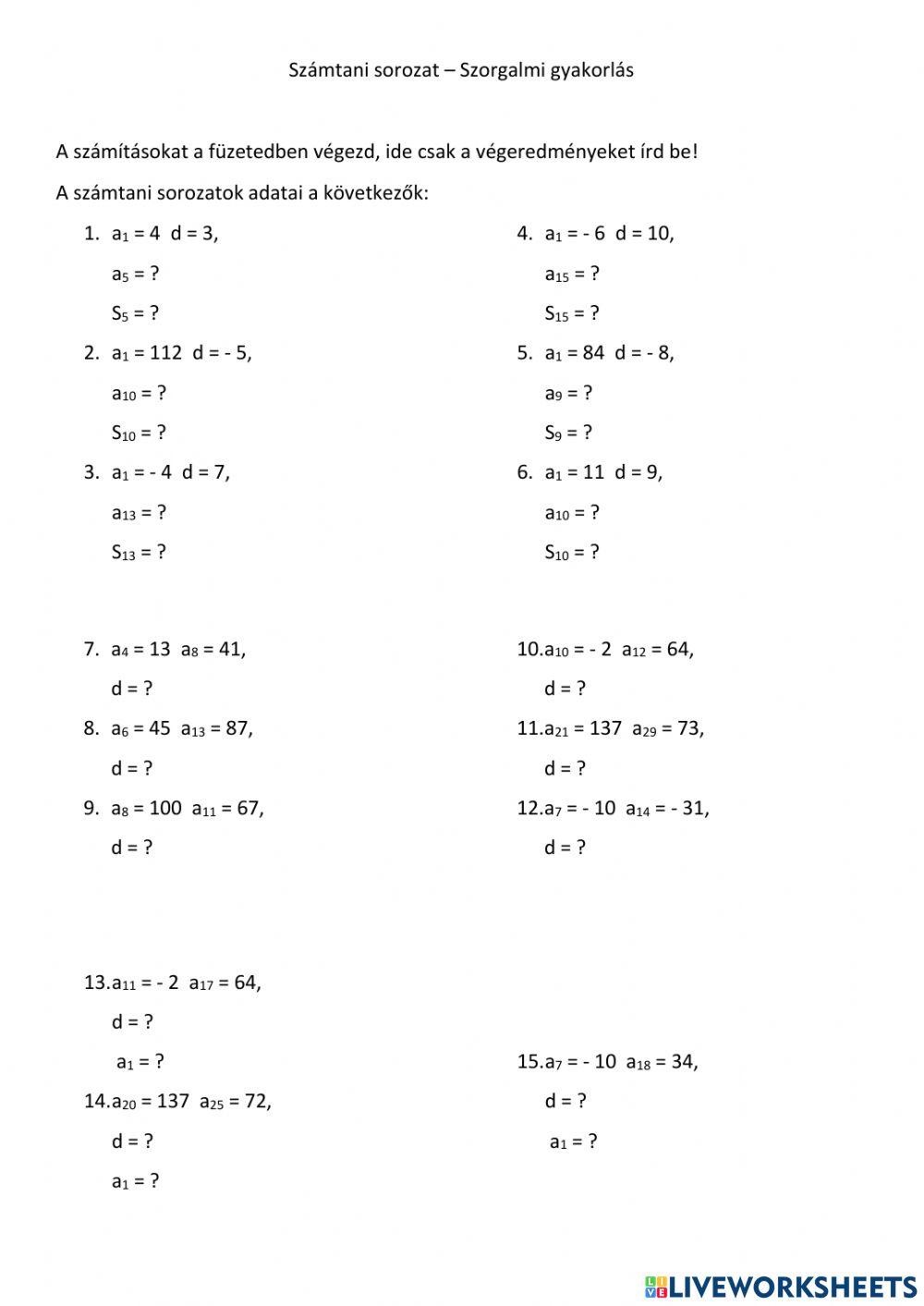 Számtani sorozat - szorgalmi feladatok